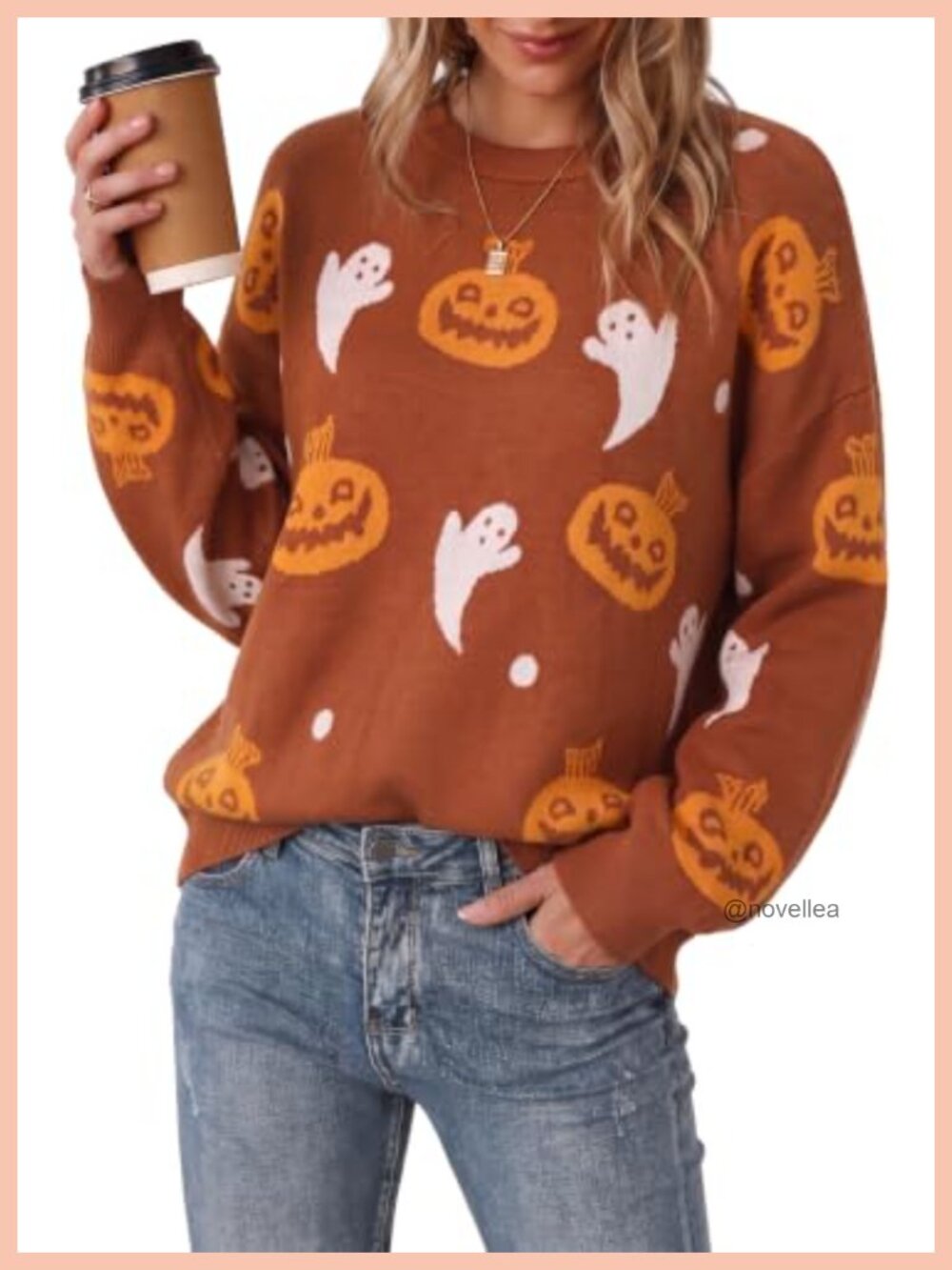 Wool Blend Oversized Crewneck Sweater Halloween Pumpkin Ghost Pullover